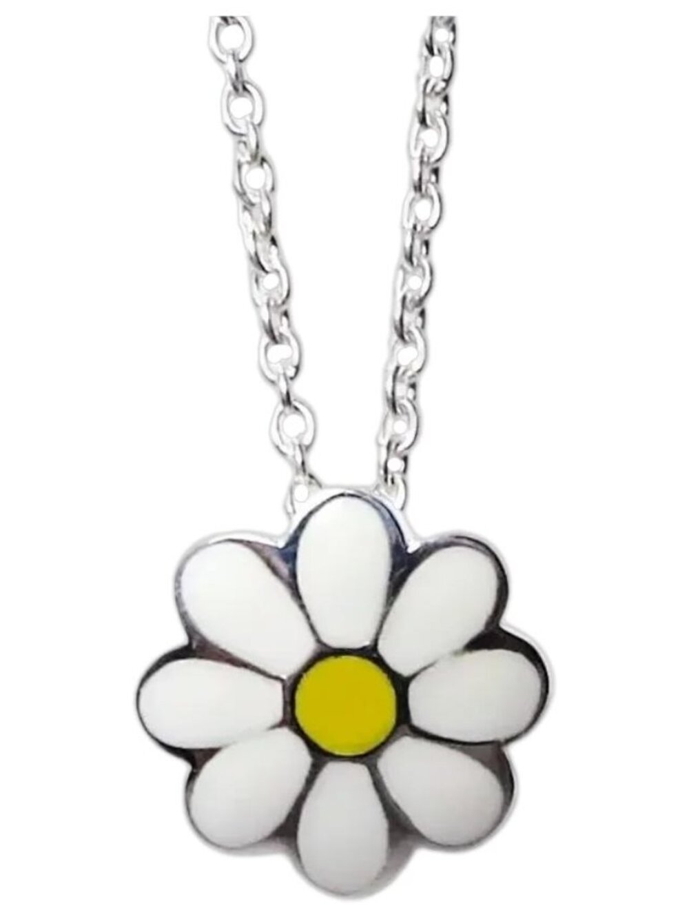 Vintage Kit Heath Sterling Silver Enamel Daisy Flower Pendant Kid's 14" Necklace